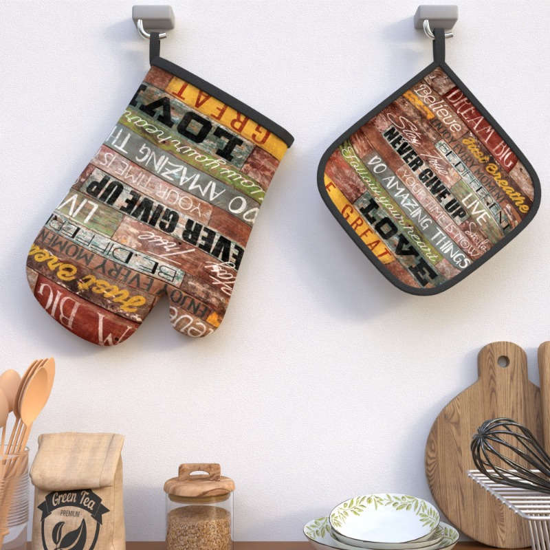 2pcs Vintage Bookshelf Oven Mitts Pot Holders Heat Resistant Red Brown Wooden Design with