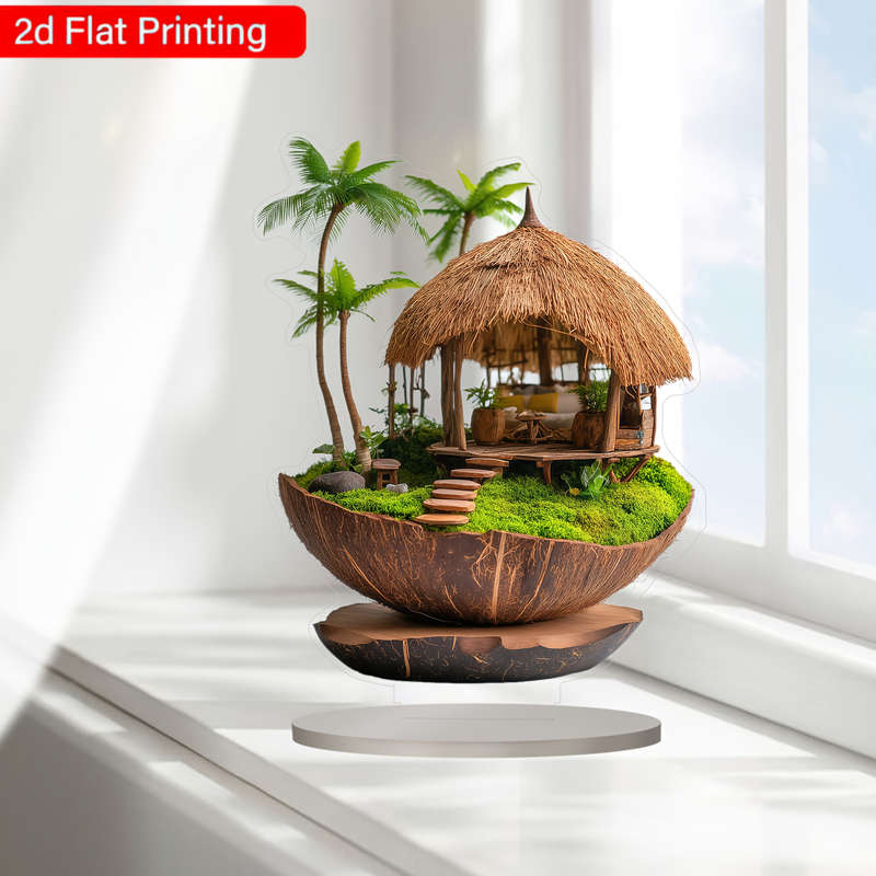 1pc 2D Flat  Boho Tropical Coconut Hut Acrylic Artwork with Wooden Base Handmade