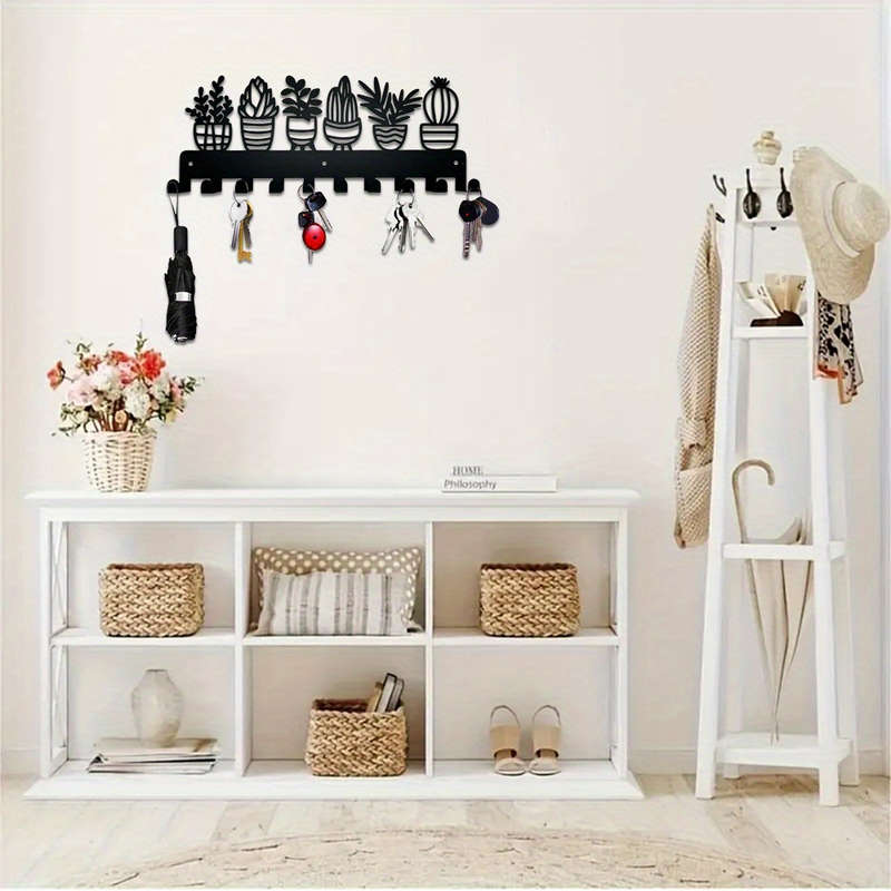 Contemporary Metal Key Holder with 10 Hooks Wall Mounted Keychain Organizer Succulent Plant Design