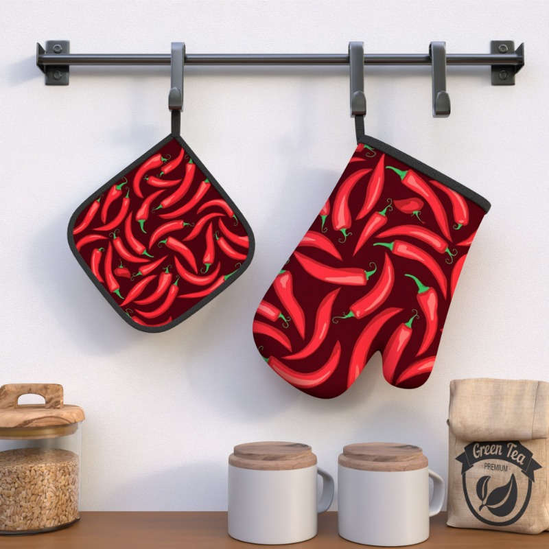2pcs Red Chili Pepper Oven Mitts Woven Polyester Potholders Heat-Resistant up to 500F Machi