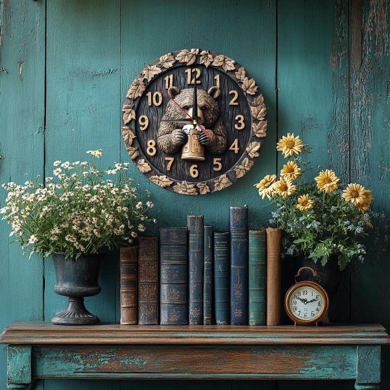 1pc Rustic Wooden Bear with Beer Wall Clock Silent Movement Round Farmhouse Decor Battery Op