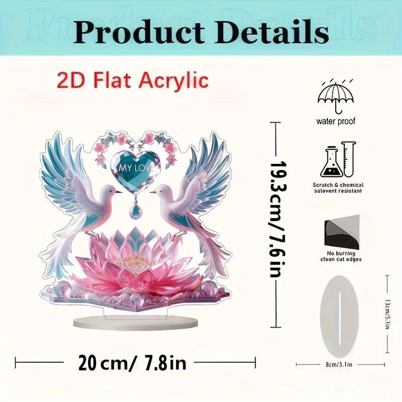 1pc 2D Flat  Printing  Acrylic Desk Decor with Doves Lotus Flower Design Glam Style No