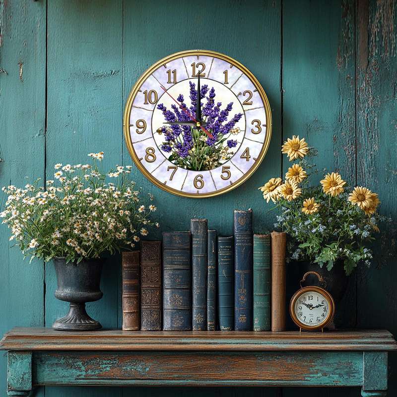 1pc Vintage Lavender Wooden Wall Clock Silent Farmhouse Style Decor for Kitchen Bedroom Office
