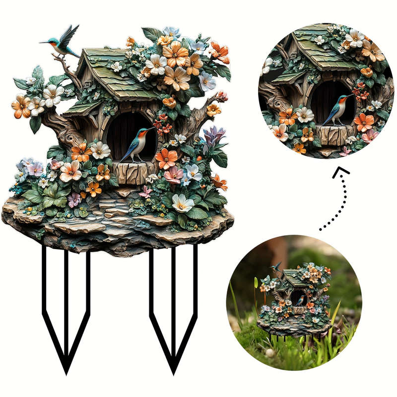 1pc 2D Flat   Acrylic Bird Garden Statue Vibrant Floral Design with Singing Bluebird in Birdhou