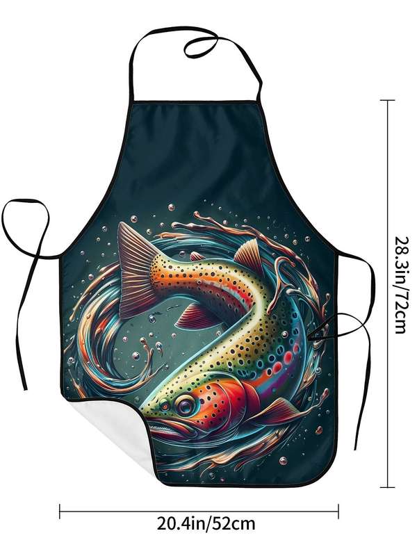1pc BIIHUDU Vintage Bass Fish Print Apron Colorful Retro Design Durable Polyester Fabric Adjust