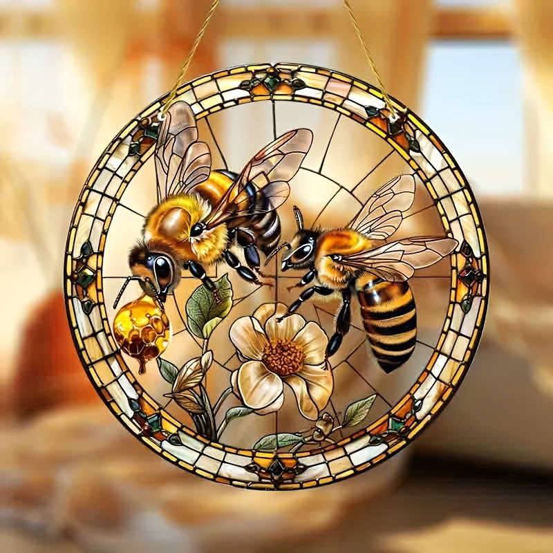 1pc 2D Flat  20.32cm Acrylic Bee and Flower Stained Glass-Style Suncatcher Vibrant Wall Hanging D