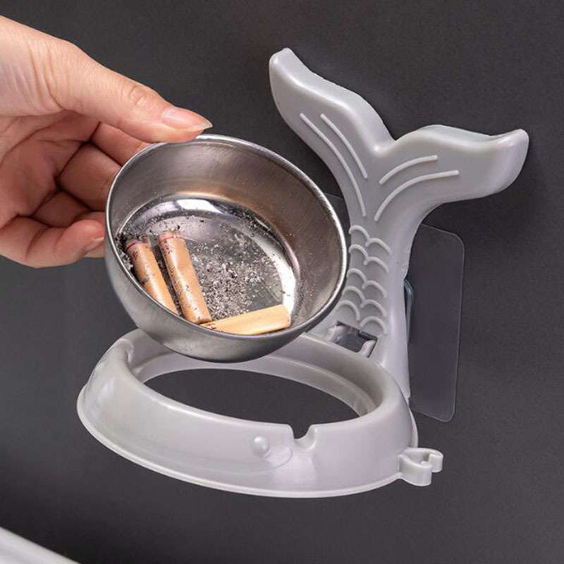 1pc Stainless Steel Fish-Shaped Wall-Mounted Ashtray with Cigarette Holder Waterproof No-Drill I