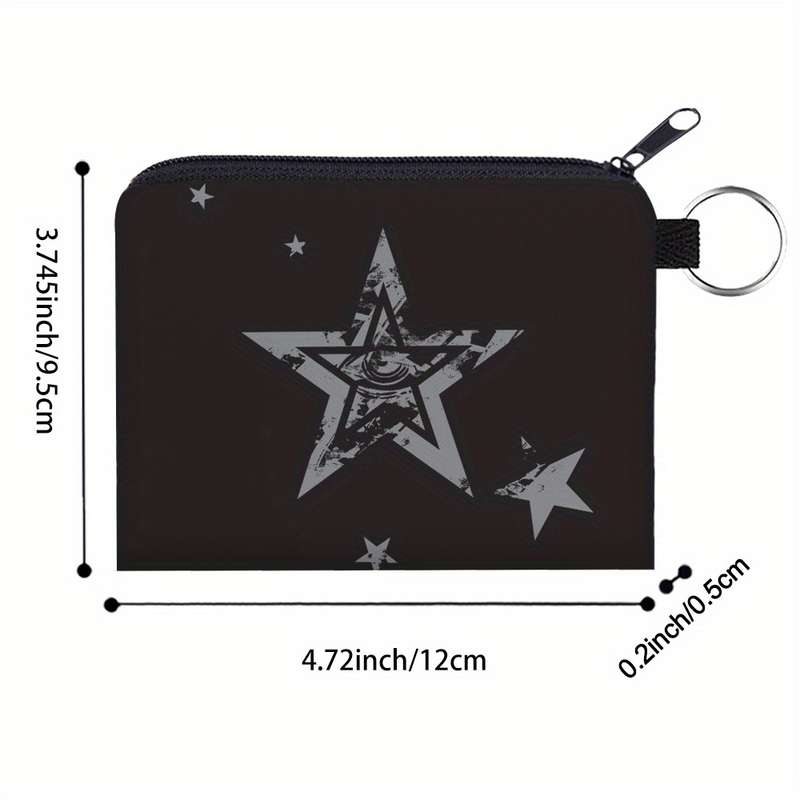 1pc Black Polyester Star Print Coin Purse with Keychain C 3D Pentagram Design Multi-Functional Zip
