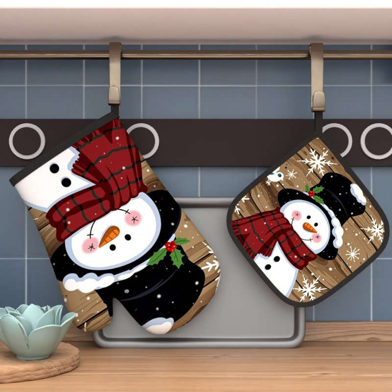 2pcs Christmas Snowman Oven Mitts Heat Resistant 26.92x17.02 cm Festive Snowman Snowflake