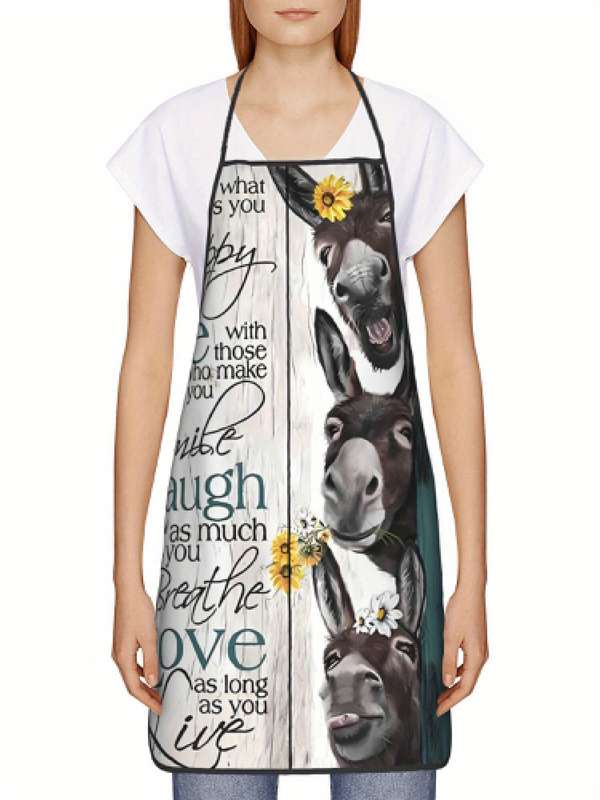 1pc Vintage-Style Donkey and Sheep Print Apron Rustic Farmhouse Kitchen Wear for Men and Women P