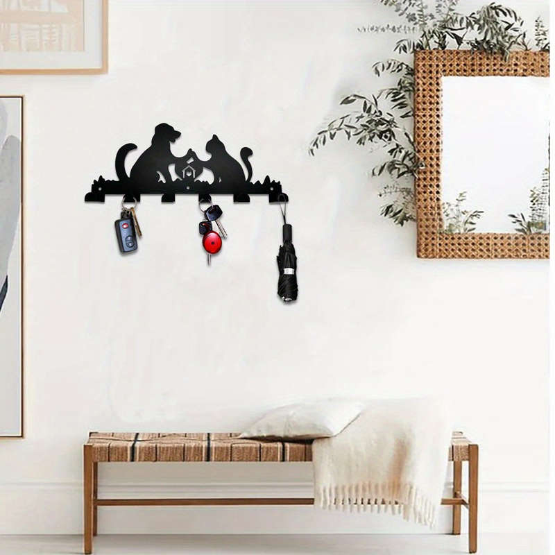1pc Whimsical Cat  Dog Metal Wall Hook RackContemporary Black Silhouette Design with 6 Hooks for