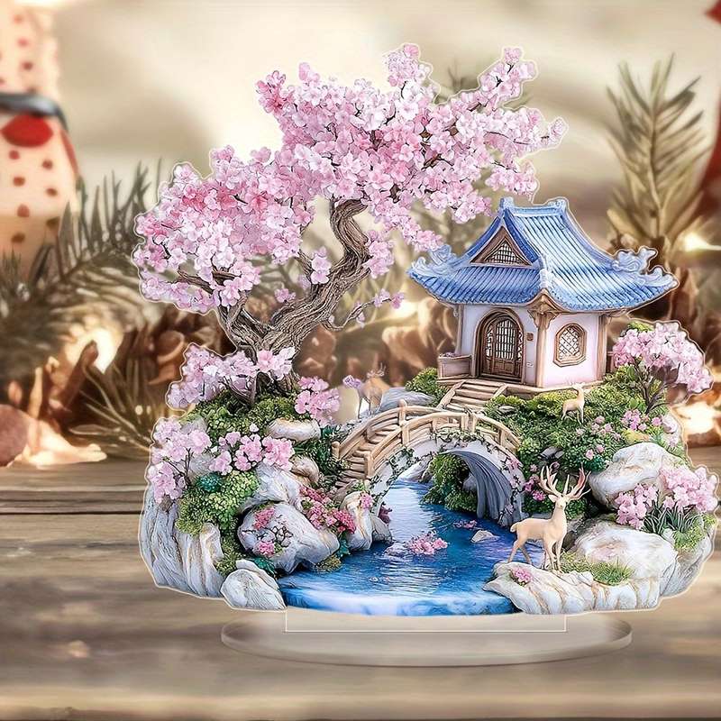 1pc 2D Flat  Bohemian Style Acrylic Cherry Blossom Tree Sculpture  Crystal Landscape Display wit