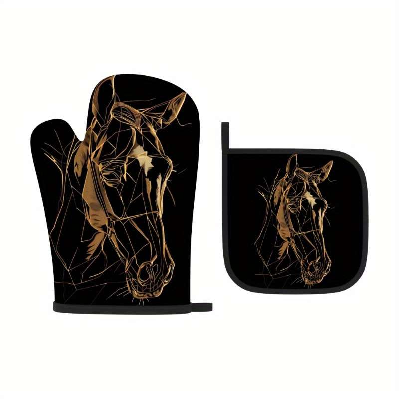 2pcs Golden Horse Sketch Oven Mitts Potholders Heat Resistant Non-Slip Kitchen Gloves for