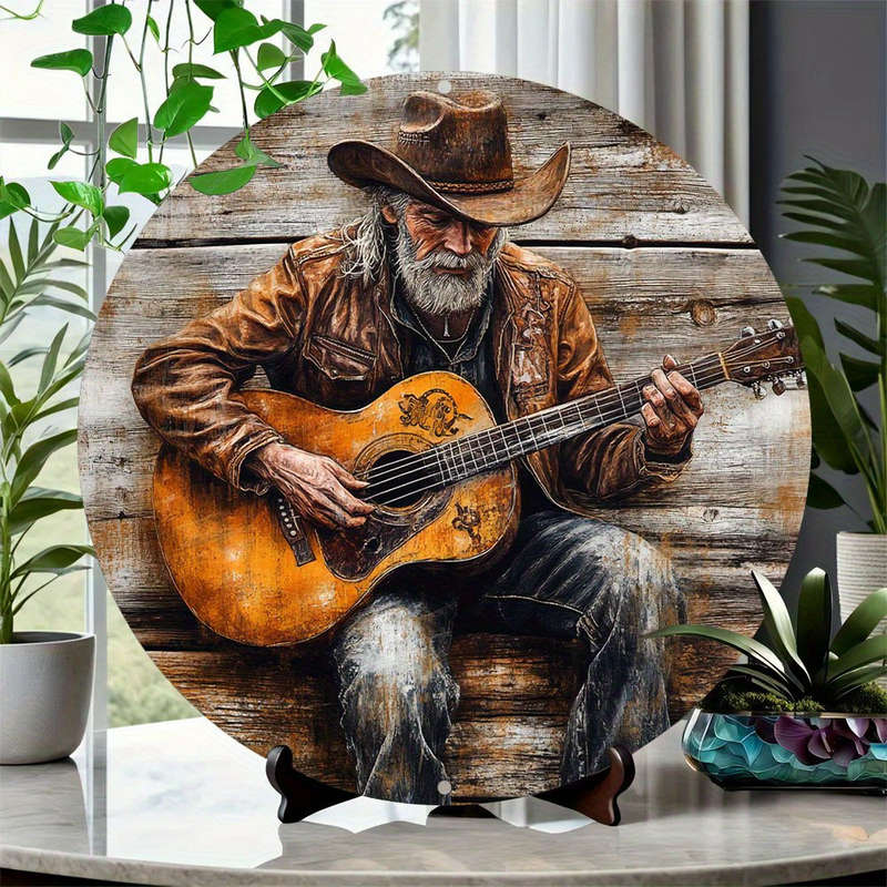1pc  Rustic Guitar Player Metal Sign Vintage Denim Guitar Wall Art Waterproof HD Print Pre