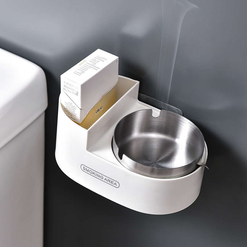 1pc Stainless Steel ABS Wall-Mounted Ashtray with Lid No-Drill Installation for Bathroom Smok