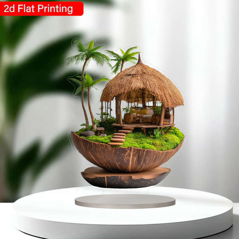 1pc 2D Flat  Boho Tropical Coconut Hut Acrylic Artwork with Wooden Base Handmade