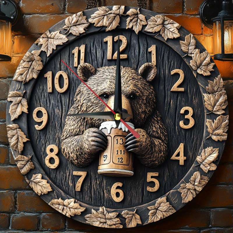 1pc Rustic Wooden Bear with Beer Wall Clock Silent Movement Round Farmhouse Decor Battery Op