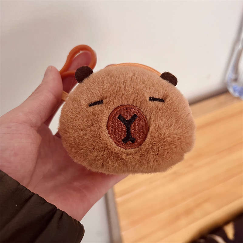 1pc Cute Capybara Round Plush Coin Purse with Keychain Adorable Brown Faux Fur Keychain Wallet P