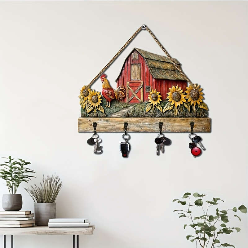 1pc Warm Sunflower Farm- Household Wooden Keychain( 29.97cm X 24.99cm) with Four Metal Hooks- Mult