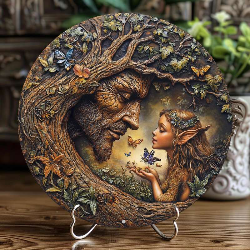 1pc 2D Flat 20.32x20.32cm Round Wooden Wall Art Vintage Tree and Flower Fairy Sign