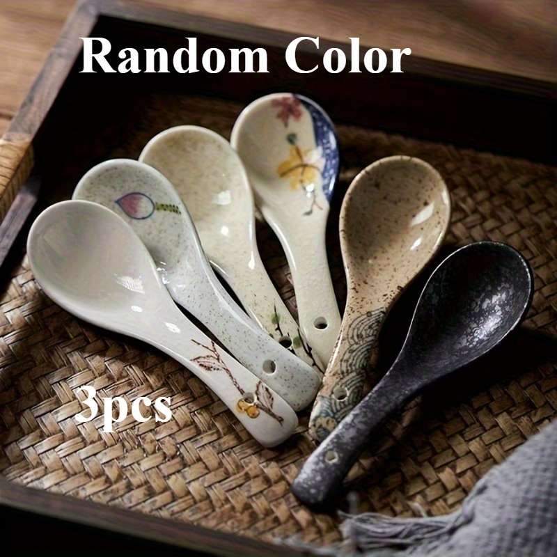 3pcs Japanese Vintage Ceramic Spoons Elegant Floral Golden Design Ideal for Serving Rice