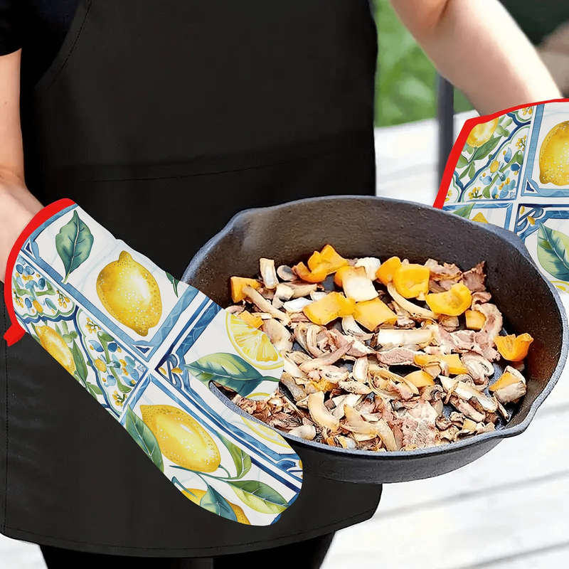2pcs Lemon Fresco Oven Mitts Pot Holders Thickened Silicone Heat Resistant Cooking Gloves w