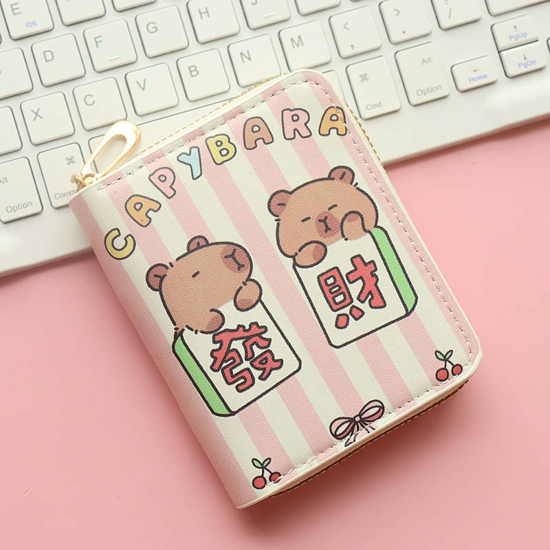 1pc Capybara Cartoon Compact Wallet for Women Cute Kawaii Design with ID Window Coin Pocket Hi