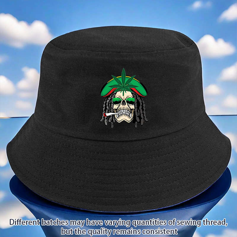 1pc Reggae Style Green Leaf Skull Print Bucket Hat Lightweight All-Season Fisherman Cap with T