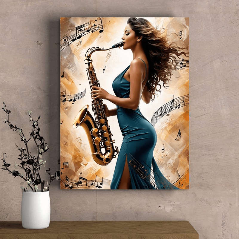 1pc  Stylish Saxophone Player Canvas Art Graceful Female Musician in Teal Dress with Flowing Hai