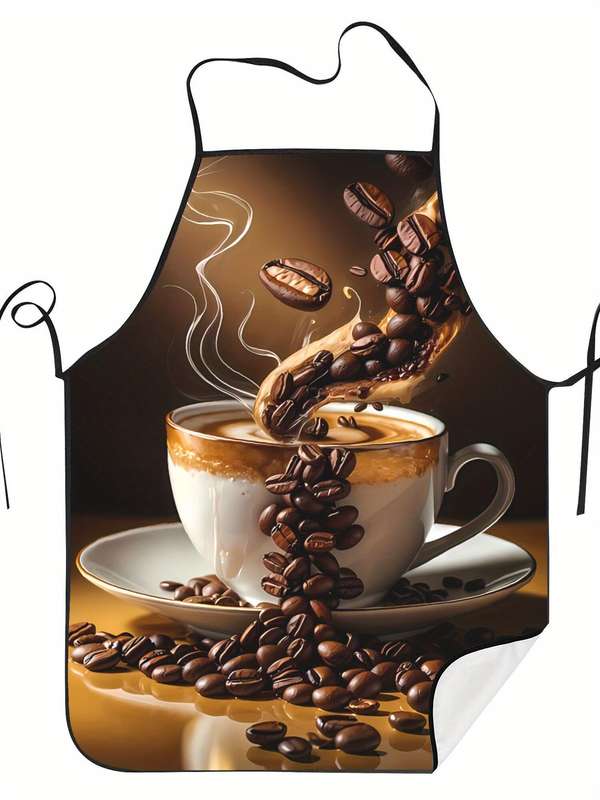 1pc Vintage-Inspired Coffee Bean Design Kitchen Apron 100% Polyester Hand-Washable Smooth Woven