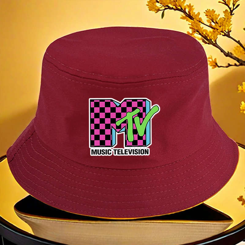 1pc MTV Logo Print Bucket Hat Vibrant Yellow Lightweight Polyester Machine Washable Ideal for