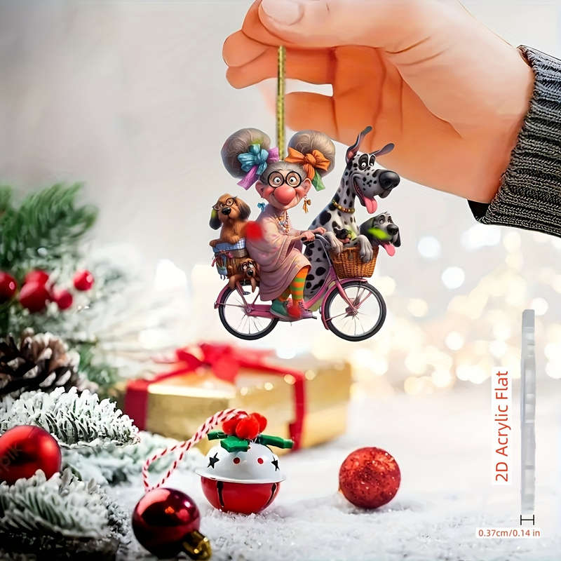 1pc 2D Flat    Acrylic Charming Grandma Riding Bicycle with Dogs Rearview Mirror Decoration P