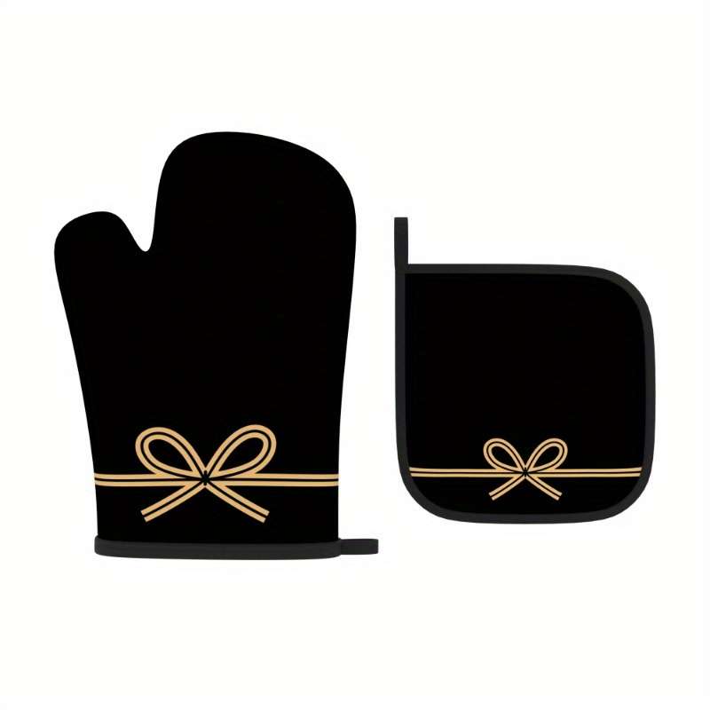 Set of 2 Heat-Resistant Oven Mitts And Pot Holders in Black Bow String Design Measuring 10.6 b