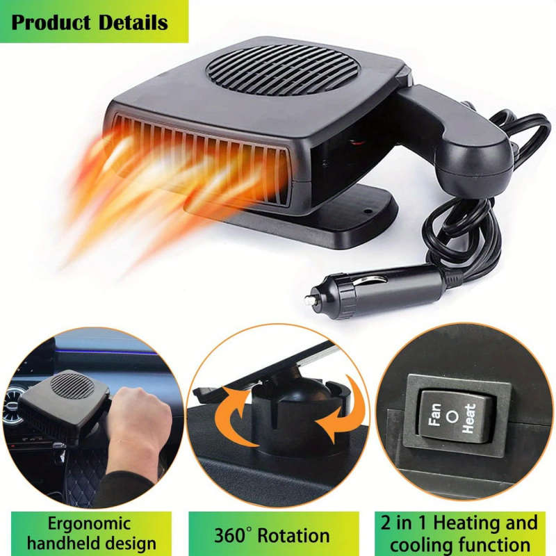 1pc 2in1 12V Car Heater Defroster Portable Fast Heating 360-Degree Rotary Windshield Defogger for Co