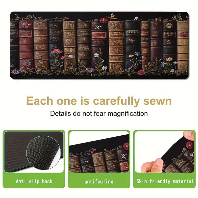 1pc 40x90cm Vintage Bookshelf Design Extended Mouse Pad Durable Washable Non-Slip Rubber Base