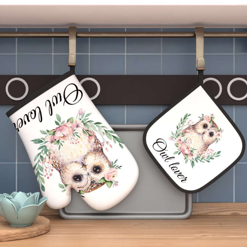2pcs Set Owl Lover Themed Polyester Oven Mitts and Pot Holders 26.92x17.02 cm Heat Resistant