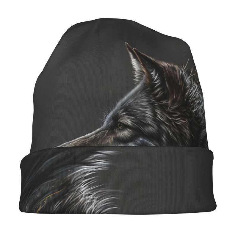 1pc Hip Hop Beanie Hat with Night Moon Wolf Greeting Skull Cap Design Fashionable Knit Polyester a