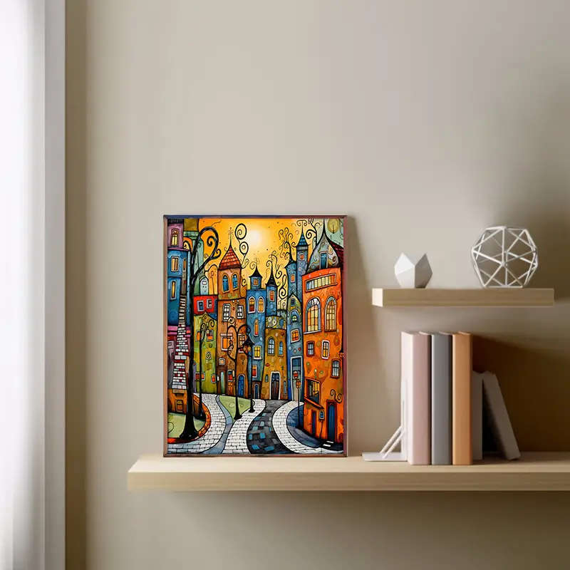 1pc Vibrant Frameless Canvas Art Print Whimsical Street Scene with Colorful Buildings Ideal for Fest