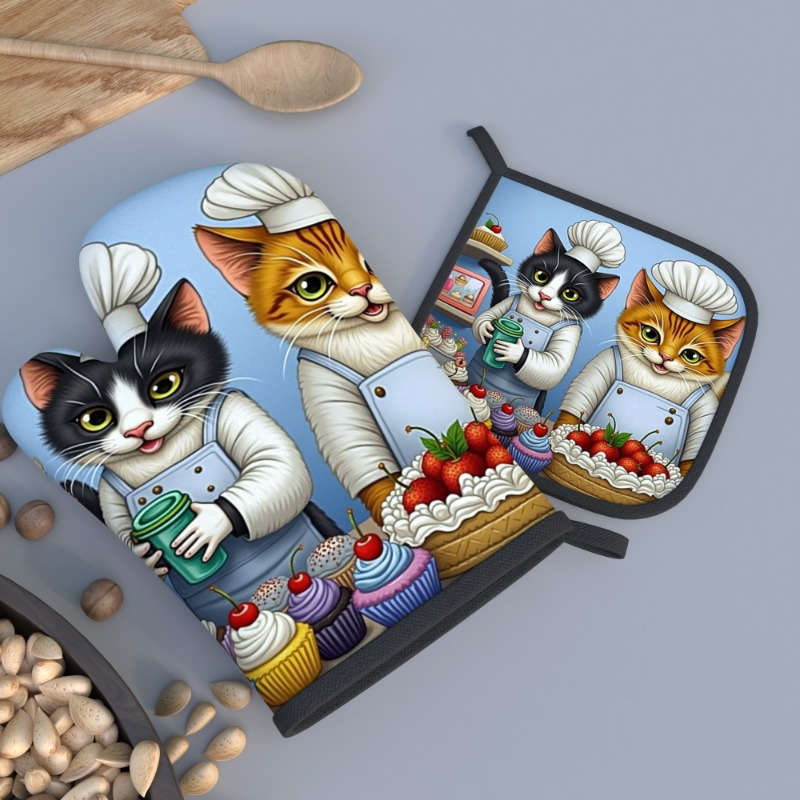 2pcs Cute Cat Chef Oven Mitts Heat Resistant 10.6x6.7 Inch Polyester Kitchen Gloves for Cook