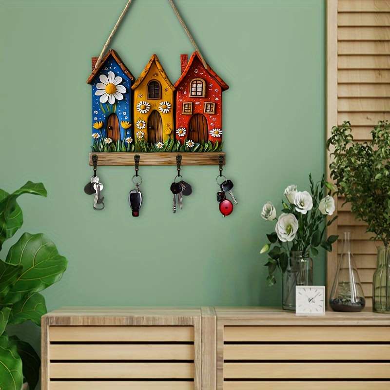2D Flat 1pc Colorful Cottage Simple Wooden Home Key Holder with Four Metal Hooks 30.0cm x 24.99cm