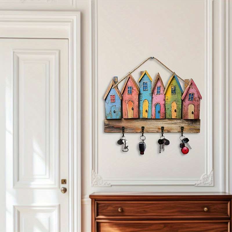 2D Flat 1 Charming Country Scene Key HangerColorful Wooden Wall Hanger with 4 Metal Hooks Perfe