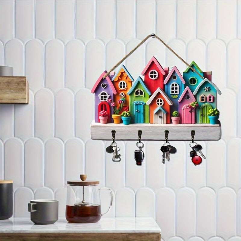 An enchanting piece a simple colorful wooden and household key holder with four metal hooks 30.0cm