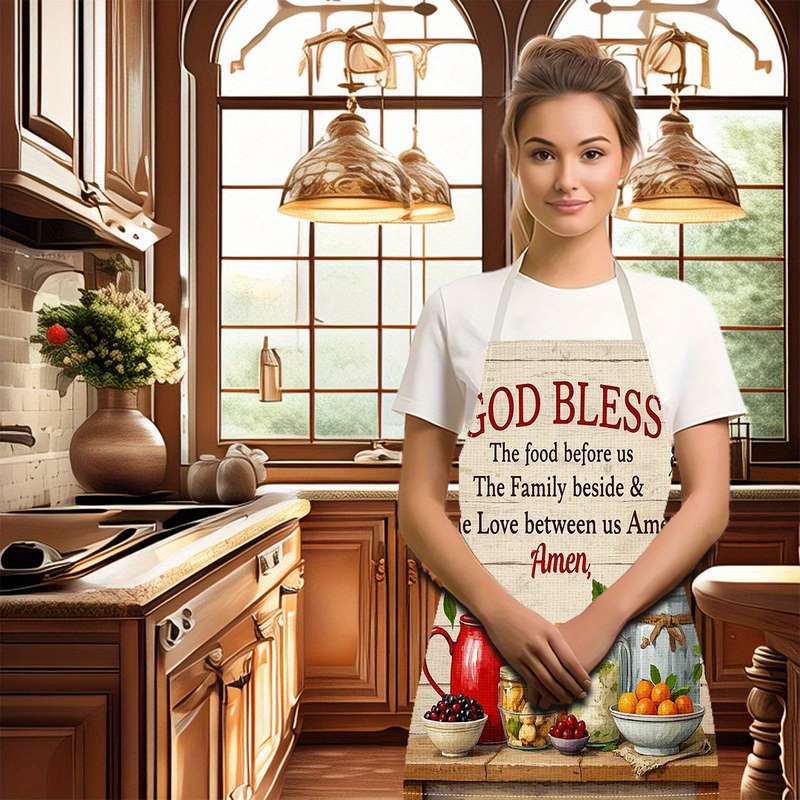 1pc Linen Kitchen Apron with Vintage Food Print "God Bless Our Family" Design Easy-Clean Co