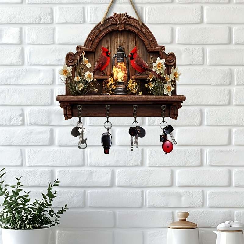 A Piece Featuring a Cardinal a Simple Colorful Wooden And Home Key Hook with Four Metal Hooks (30.0