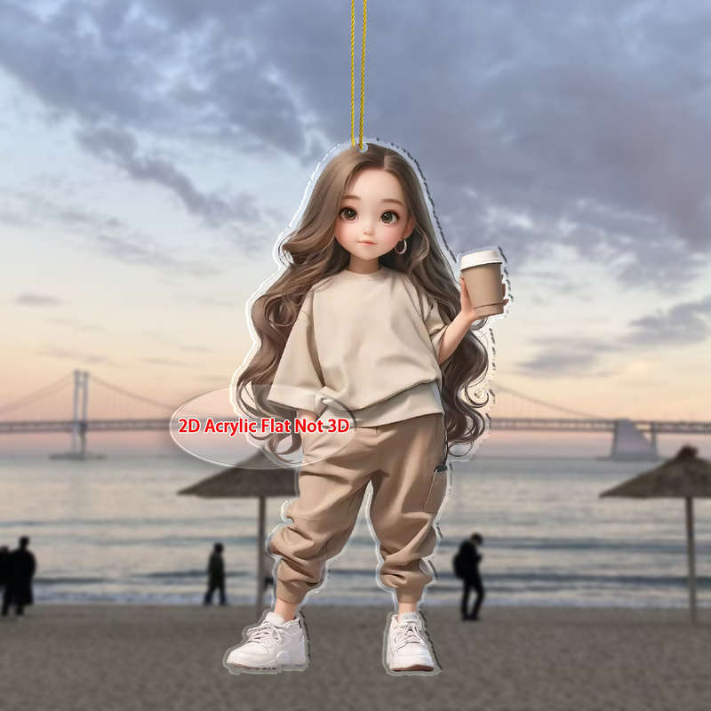 1pc 2D Flat  Acrylic Hanging Ornament Cute Girl with Coffee Design Perfect for Car Keychain Bac