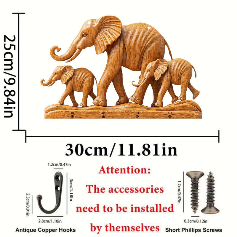1pc Elephant Simple Colorful Wooden Keychain with Four Metal Hooks 30.0cm x 24.99cm 2D Farmhouse