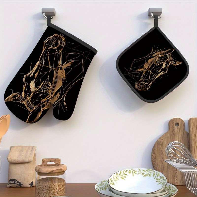 2pcs Golden Horse Sketch Oven Mitts Potholders Heat Resistant Non-Slip Kitchen Gloves for