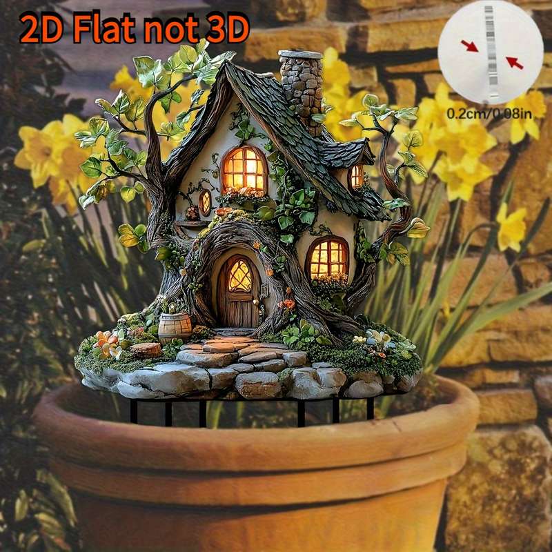 1pc 2D Flat   Decor Suitable for Four Seasons Bohemian Fairy Tale Tree House Garden Stake