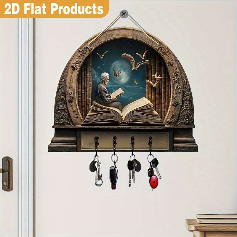2D Flat 2D Plane 1pc Old for Man Reading Wooden Key Rack Simple and Colorful Design with Four M