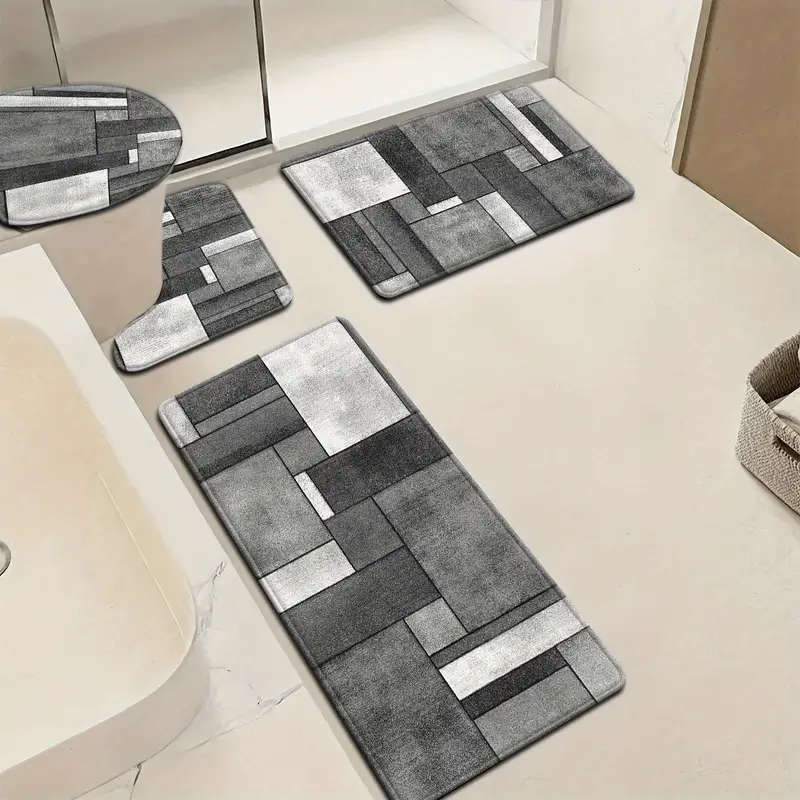 4-Piece Stylish Simple Grey Geometric Pattern Bathroom Mat Set